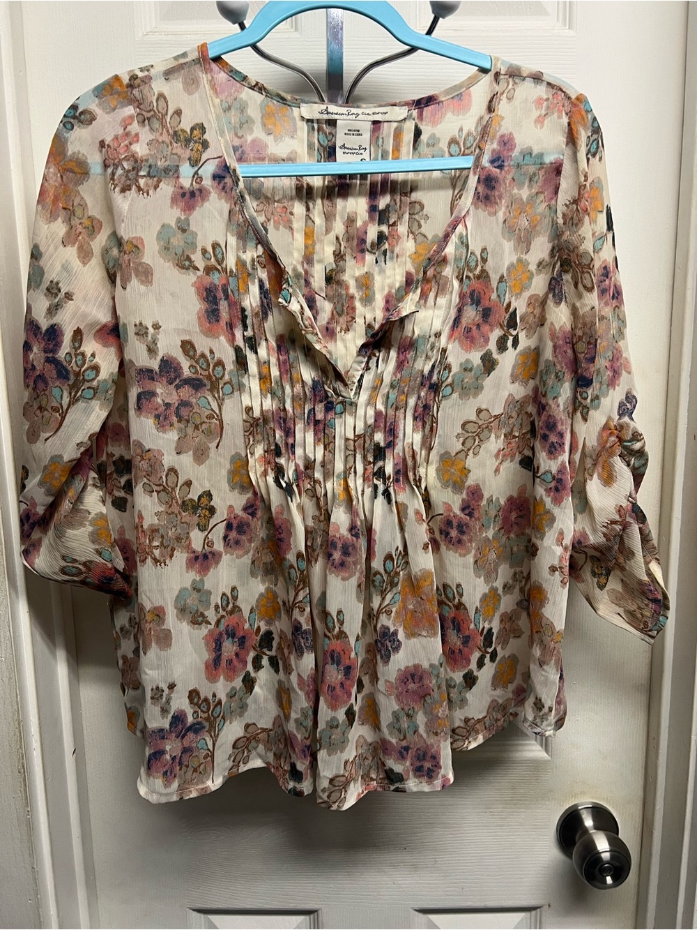 American Rag Cream Floral Pintuck V-Neck Blouse